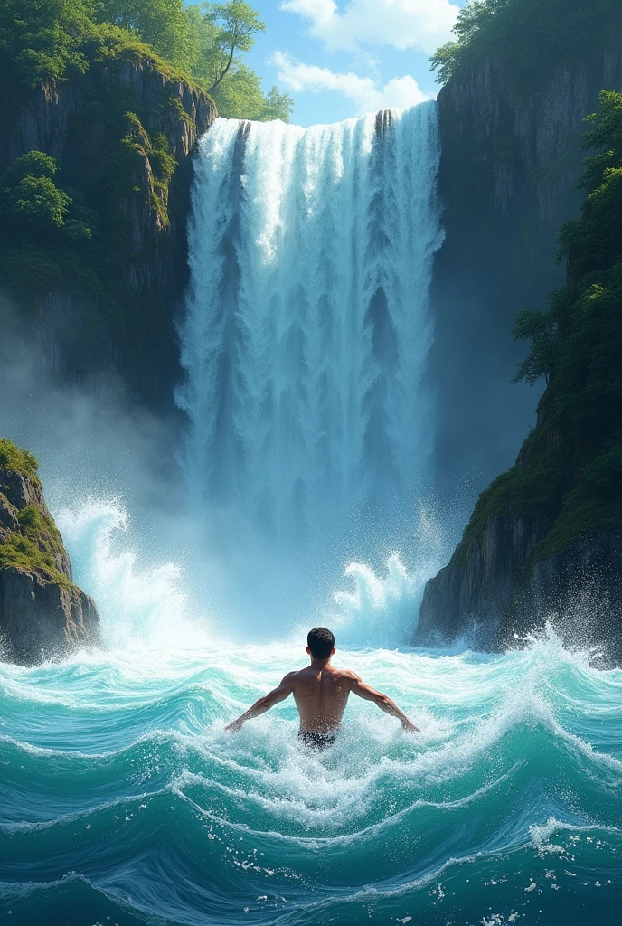 A highly realistic panoramic sunlight image of Tarzan and his blonde Jane with massive breasts, half-naked dressed in a loincloth of primeval man, both standing dripping with water in the crashing waters of a waterfall half surrounded by jungle trees in 10000 BC, HD photography, ultra-realistic, King Tut, 4k, hyper-realistic, sharp texture, color