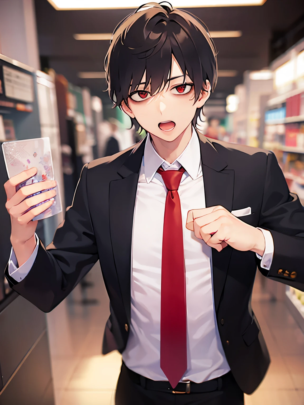 upper body、
masterpiece、Highest quality、BREAK ld male:1.5) and (Brown short hair) and (Red eyes) and (jitome) BREAK
 (Wearing a suit:1.5) and (Red tie)、
（petrified ：1.5）、open mouth,
The background is the exhibition hall、Alone、