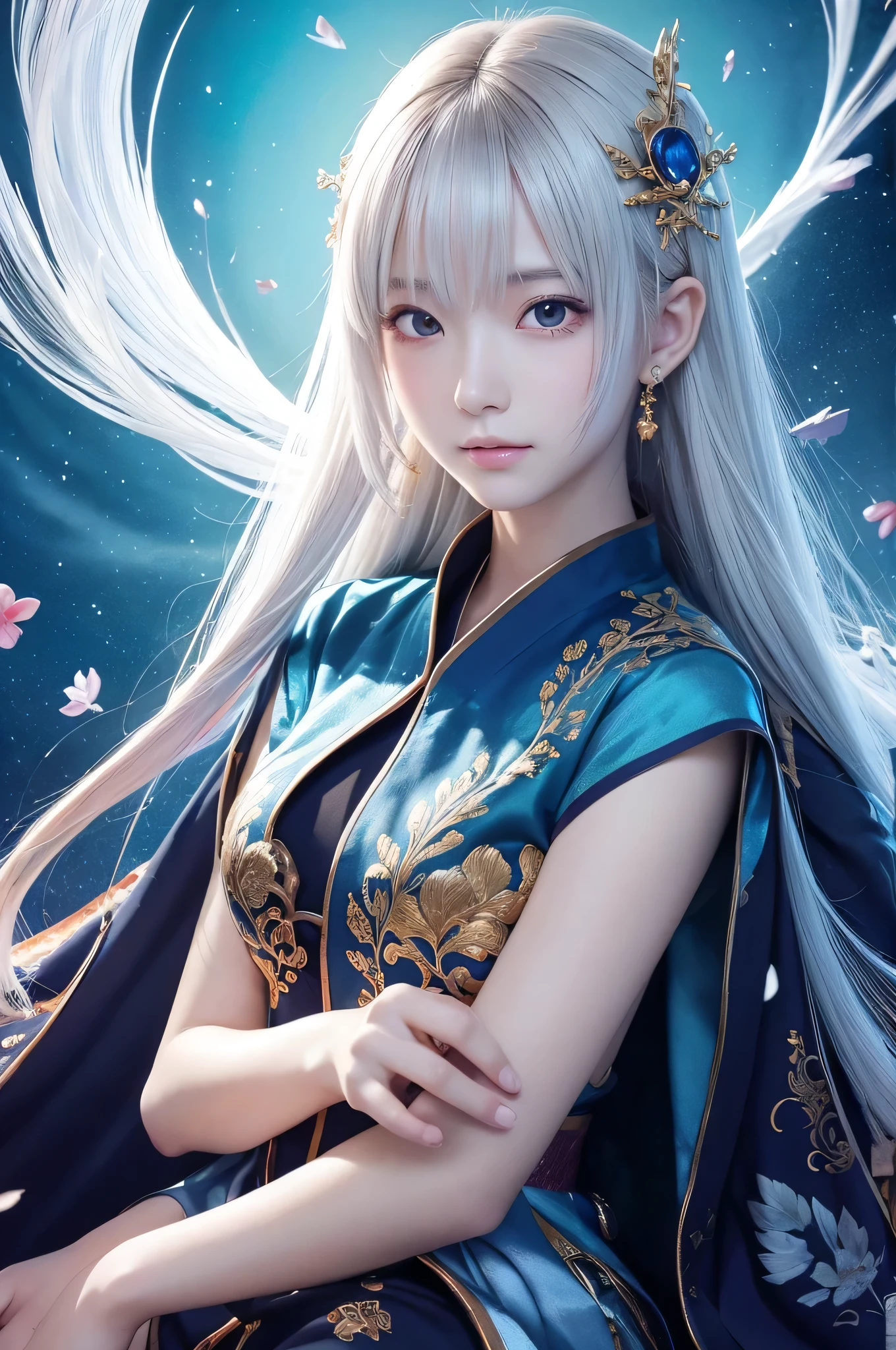 A woman with long white hair and blue dress sitting on a bench - SeaArt AI