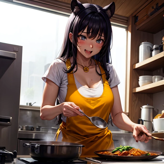 1 chica junkotvv, solo, Pelo negro y orejas de gato, mujer madura, pechos grandes, muslos, alto, (desnudo:1.2), delantal, sonriente, (rubor:1.1), cocina