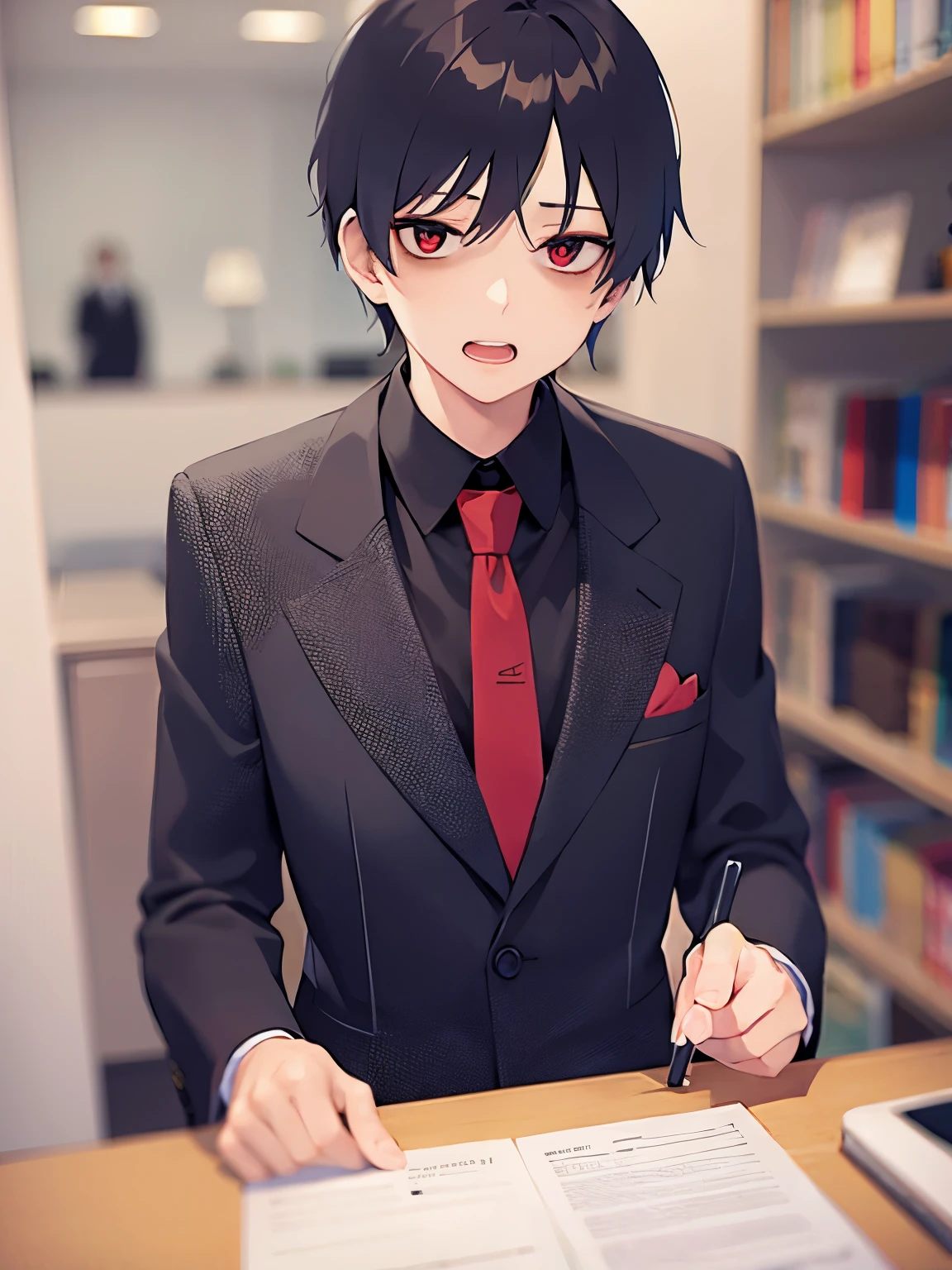 upper body、
masterpiece、Highest quality、BREAK ld male:1.5) and (Brown short hair) and (Red eyes) and (jitome) BREAK
 (Wearing a suit:1.5) and (Red tie)、
（petrified ：1.5）、open mouth,
The background is the exhibition hall、Alone、