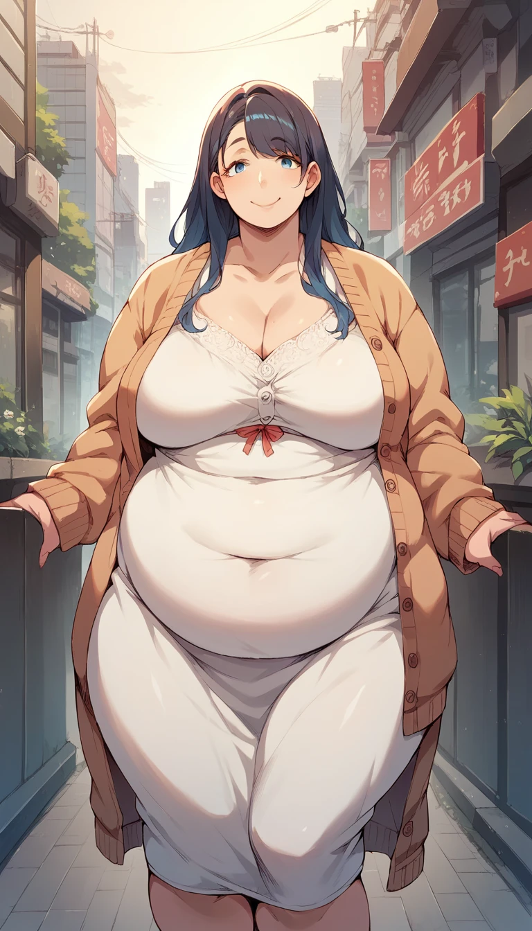 chubby, curvy, fat, dress, cardigan, large breasts, long hair, standing, city in background, overweight, big belly, smile, blue eyes, attractive, pretty