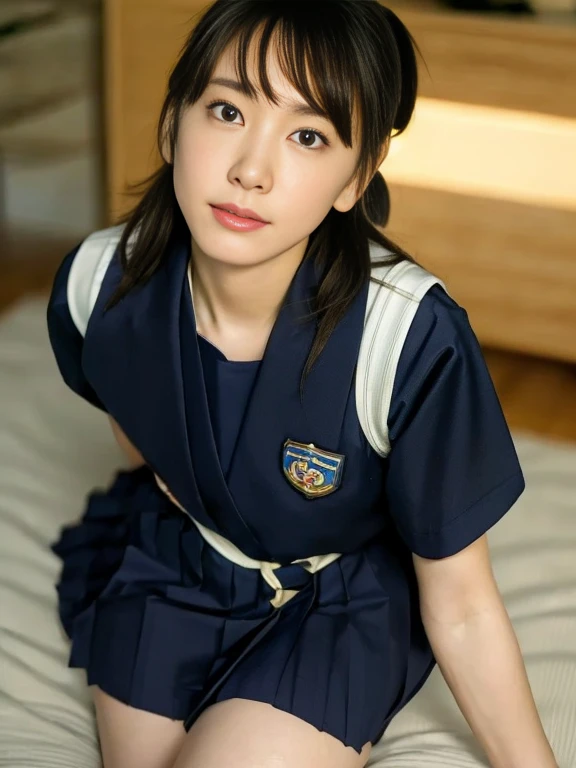 (Masterpiece, Best quality:1.4), (Ultra realistic, Photo-realistic:1.2), Full body, From above, from behind, Natural light, 2 actress, Japanese women, Neat and clean, (Sailor suit, School, short sleeve suit, Dark navy pleated skirt, Dark navy ribbon), White socks, (Short wavy Ponytail:1.3), Short wavy hair, Light brown hair color, (Beautiful Faces), Oval face, clear, (Beautiful eyes, Kind eyes), Clear skin, Small face, Small mouth, Beautiful mouth, Natural makeup, Approachable, On the beach, Seductive, (Beautiful thighs), Bedroom eyes, Open leg,