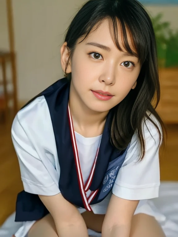 (Masterpiece, Best quality:1.4), (Ultra realistic, Photo-realistic:1.2), Full body, From above, from behind, Natural light, 2 actress, Japanese women, Neat and clean, (Sailor suit, School, White short sleeve suit, Dark navy pleated skirt, Dark navy ribbon), White socks, (Short Ponytail:1.3), Short wavy hair, Light brown hair color, (Beautiful Faces), Oval face, clear, (Beautiful eyes, Kind eyes), Clear skin, Small face, Small mouth, Beautiful mouth, Natural makeup, Approachable, On the beach, Seductive, (Beautiful thighs), Bedroom eyes, Open leg, nsfw, Lesbian couple, Petting together, Obscene reality of girls, Erotic pose, 