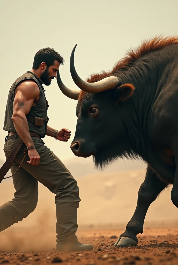 A thirty year old man fights an ordinary black goat with large horns, aggressive goat, the action takes place in an old Ukrainian house of the seventeenth century