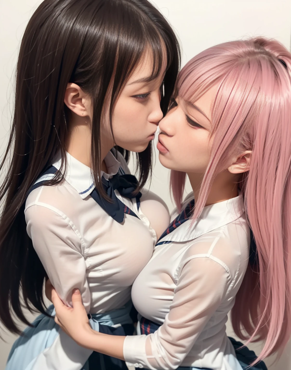 A kawaii woman dressed with pink clothes kissing in a french kiss with a Goth woman dressing black clothes, kissing each other, beautiful body, sexy fit body, detailed face, at the comic con