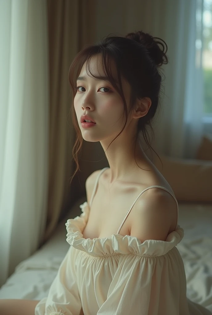 A selfie of a fair-skinned Japanese woman bending over from the neck down。No clothes。Covering her chest with her hands。Soft Light。Living room at night。Selfie style。