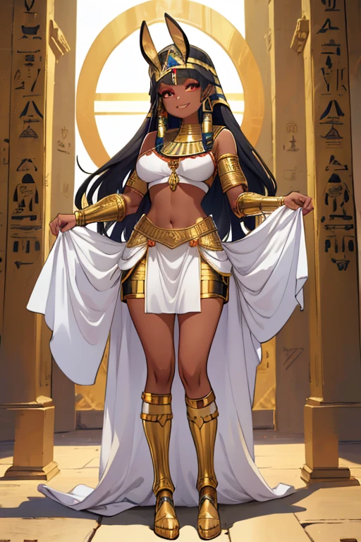 Egyptian queen Cleopatra, clad in a revealing dress that exposes her captivating figure, sits elegantly on her throne in her opulent palace. Her raven-black hair cascades down her shoulders in a sleek bob, framing her mesmerizing countenance. Decorative jewelry adorns her arms and legs, adding to her regal allure. In a seductive pose, she holds a golden scepter, asserting her power and beauty. Her tanned skin, achieved by the scorching Egyptian sun, glows with a radiant realism. The intricate details of her dress, hair, and accessories capture the essence of high-detailed realism, making