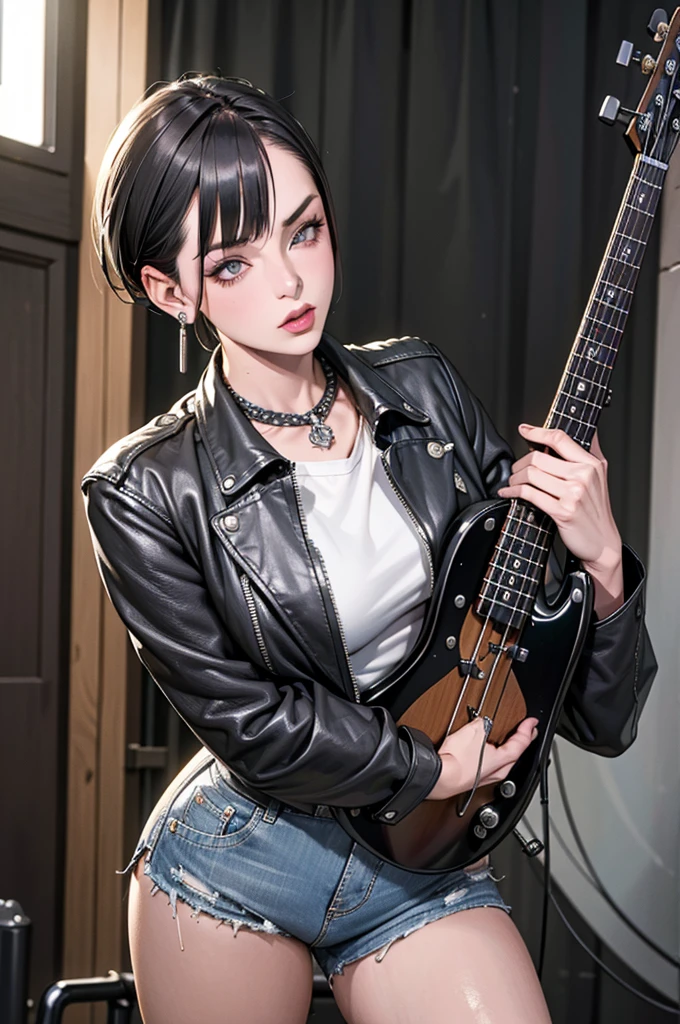 1，Black short hair，Photorealism，detailed，masterpiece， (Lean), Young Girls，Denim shorts、Dark leather jacket，1，aldult, (Punk Girl)，Earrings、Lip Studs，Dark eyeshadow，high quality，Play bass，High resolution 4K information,stage，Cold，The lens is from the bottom up，