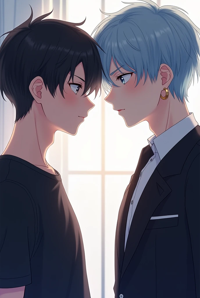 masterpiece, top-quality, 2Others, Male couple, 1 man and 1,, Adults, Height difference, different fashion, different color, finely eye and detailed face, intricate detailes, Casual clothing, Oversized shirt, Modern urban streets, A smile, Happiness, tenderness, queers, high-level image quality、 Two beautiful men、tall、The upper part of the body、nightfall、nighttime scene、𝓡𝓸𝓶𝓪𝓷𝓽𝓲𝓬、Two Men Kissing, Korean Male, Idol Photos, k pop, Professional Photos, Vampires, Korean fashion in black and white, Fedoman with necklace, inspired by Sim Sa-jeong, androgynous vampire, :9 detailed face: 8, extra detailed face, detailed punk hair, ((eyes are brown)) baggy eyes, Seductive. Highly detailed, semi realistic anime, Vampires, hyperrealistic teen, delicate androgynous prince, imvu, short hair above the ears, Man with short hair, Purple-haired man with a glaring expression and a man with light blue hair with a gentle expression, With a short-haired man with bright purple hair, Man with light blue hair, kiss together, Kissing each other,