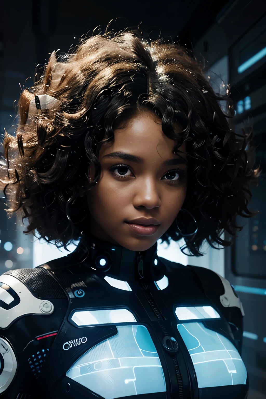 A black woman with curly hair manipulating floating buttons, surrounded by animated graphics and digital information, in a modern white and blue futuristic environment, with softly blurred city lights at twilight.