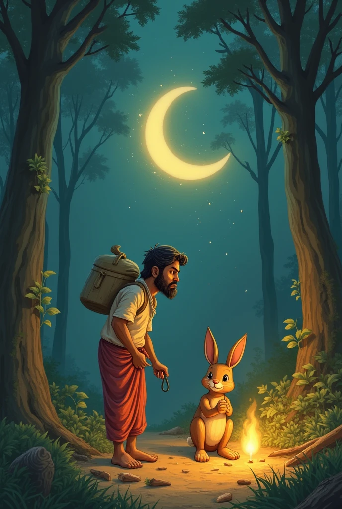 Ali sitting beside Bobo at night, gently stroking the rabbit's fur with one hand and holding a prayer book in the other, his face filled with hope and care.