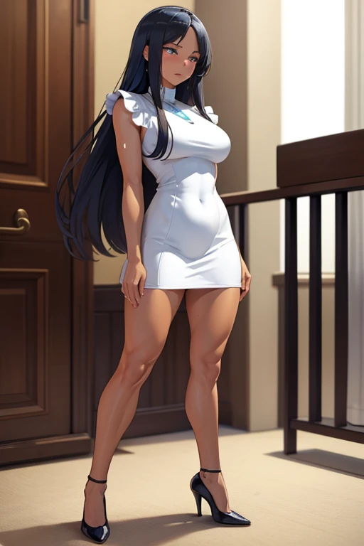 30-year-old woman、Mature Woman、high resolution、front，Full body portrait，Brown Skin、Sunburned Skin、Brown skin、Large calves、Big quadriceps、Sweaty legs、D cup breasts、Alluring、Bare legs、White Mini Dress、Wearing black high heels、Black medium-long hair、Embarrassed look、Blushed、Blue Eyes、Beautiful Eyes、Good anatomy、Legs closed、Standing alone in a room、Standing posture