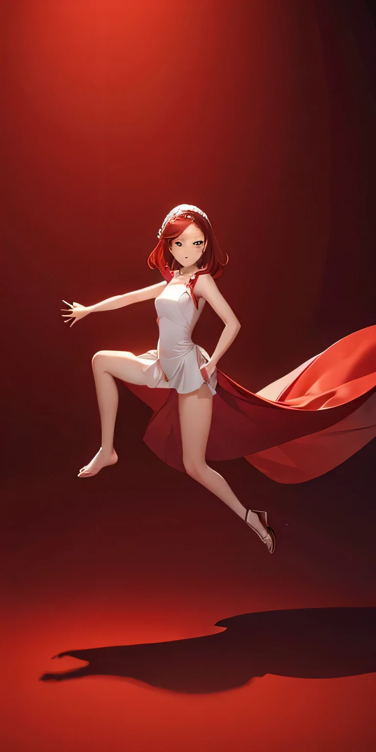 full body portrait of thiefezri wearing red dress, pouting frown, eyes wide open in shock, looking downwards, night, particles, burning igloo in the background, looking at viewer, volumetric lighting, best quality, masterpiece,<lora:thiefezri-200-768:.6>