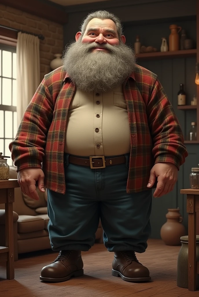 Old man with beard and white hair, wearing an unbuttoned shirt showing his hairy belly on his chest