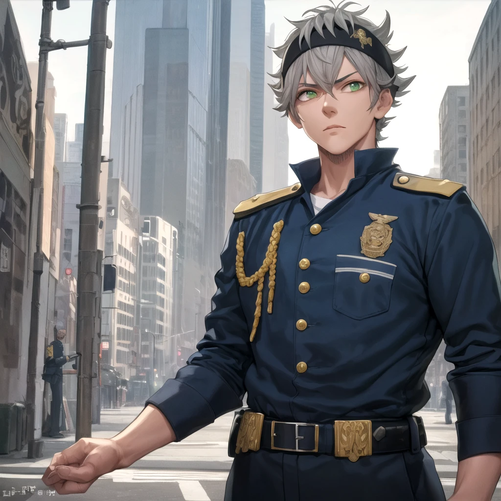 artwork, best quality, high quality, 1 boy, solo, male focus, looking at viewer, upper body, asta, green eyes, headband, gray hair, spiky hair,, artwork, very realistic, unreasonable, tall, highly detailed, HDR, masterpiece, highly detailed face and eyes, solo, , male, handsome,, Strong body, tall, Handsome face, still youthful, like a Korean artist, wearing a uniform policeman, his facial expression is flat, he is leaning against a car, his body is tall, stocky, muscular, upright, in modern times, everything is modern, uniforms are also in modern times