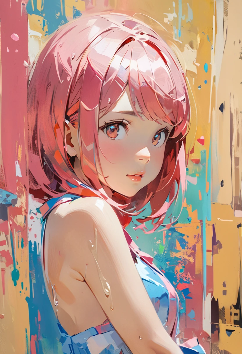 Create a medium shot, colored digital line art portrait of harley quinn character in the style of artists like Russ Mills, Sakimichan, Wlop, Loish, Artgerm, Darek Zabrocki, and Jean-Baptiste Monge. Include colorful splatter drippings, paper texture, and perfect shading, with dramatic lighting. The artwork should be centered, stylized, and elaborate, with a beautiful dress, gorgeous eyes, and a dynamic pose. TanvirTamim. rendered in 8K resolution for high-quality detail