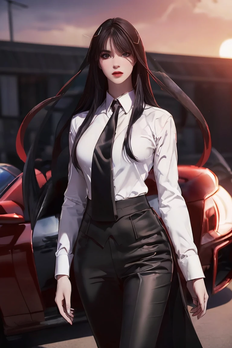 ((Masterpiece, best quality, very detailed), Volumetric light, surrounding occlusion, Rich and colorful, glow), 1 woman, , young girl, (Smooth black), long hair, radius, sacred, goddess, CEO Luke, (black suit, White shirt and red tie:1.3), armor, outdoor, sunset, sky, cloud, space, (Fantasy Theme:1.2),