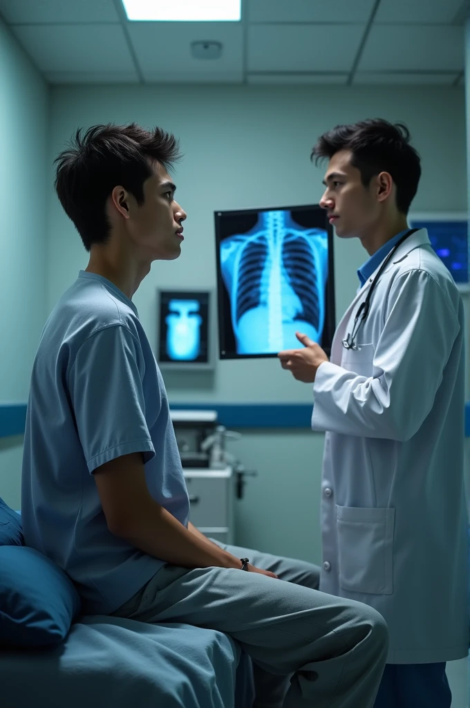 1boy、Handsome Men、Japanese male, 、Completely naked、Full nudity、erection、Huge penis、Highest quality、Realistic、beautiful、Sad look、X-ray examination at the hospital、Arms above head、A nurse in a white coat next to me