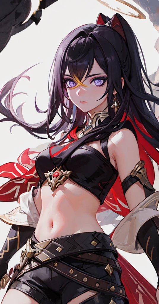 highres, highest quallity, illustration, cinematic light, ultra detailed, detailed face, (detailed eyes), best quality, hyper detailed, masterpiece, 1girl, dehya\(genshin_impact\), (detailed face), white hair, purple eyes, highest details, luminous eyes, black halo, white clothes, backlighting, (midriff:1.4), light rays, (high contrast), (colorful),