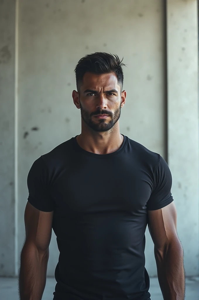 He is not a bodybuilder, but he is physically, slightly muscular, aesthetically similar to David laid body. Draw a handsome male model with black hair and black eyebrows in his uniform. Let his hair be styled 3 in the gym