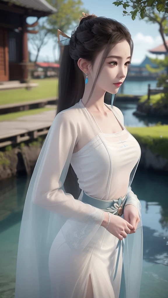 Arapei in a blue and white wet sheer see-through provocative dress stood in the water, Anime girl walking in water, closeup fantasy with water magic, azur lane style, trending on cgstation, Anime girl cosplay, seraphine ahri kda, Splash art anime , trending at cgstation, realistic water, water fairy, WLOP and Sakimichan