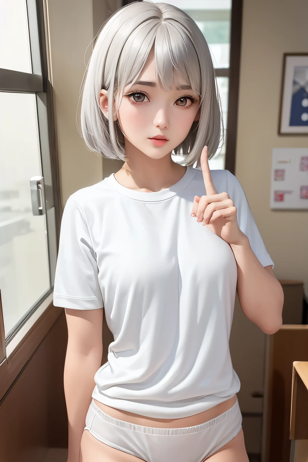 (((Highest quality、masterpiece、Normal body、8k、Detailed face、Ultra-precision、normal hand、normal finger、5This finger、Highest)))、Silver Hair、Bobcut、beautiful girl、Small breasts、Slender、smart、girl、Sportswear、Bloomersパンツ、Bloomers