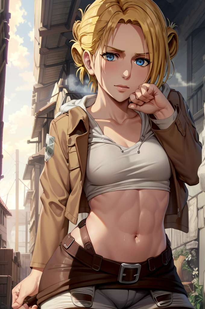 masterpiece,best quality,high resolution,8k,ultra HD,wallpaper,illustration,beautiful detailed eyes,perfect face,cowboy shot,beautiful detailed eyes,extremely detailed face,perfect lighting,extremely detailed CG,perfect hands,perfect anatomy,perfect body,perfect hands,perfect fingers,1woman,full body,,(muscle fighter:1.1),yellow single bun hair,blue eyes,large breasts,Medium ass,medium nipples,white hood inner t-shirt,Brown Leather jacket,White very short pants,clothed,looking at viewer,sexy look fighting pose,cameltoe,Steam,Wet,sweat,1person,sea