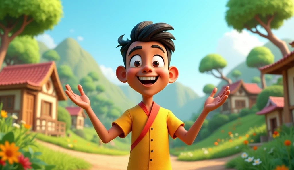  boy walking and hanuman coming after him and hanuman's hand putting on Boy head on mountains. Both are smiling. boy is wearing saffron t-shirt and name "Chandan" write on it with bold. he looks very realistic, cute, tilak Deccan on your head, and happy. very realistic pictures, high quality picture, realistic mountain, forest moment.sun lights reflection , the words"Happy Hanuman Janmotsav" write top Sky. make sure text must be correct & Visible.