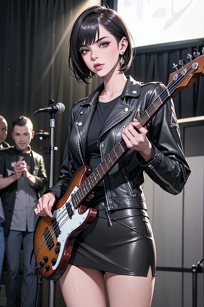 1，Black short hair，Photorealism，detailed，masterpiece， (Lean), Young Girls，Short leather skirt、Dark leather jacket，1，aldult, (Punk Girl)，Earrings、Lip Studs，Dark eyeshadow，high quality，Play bass，High resolution 4K information,stage，Cold，Gorgeous lighting