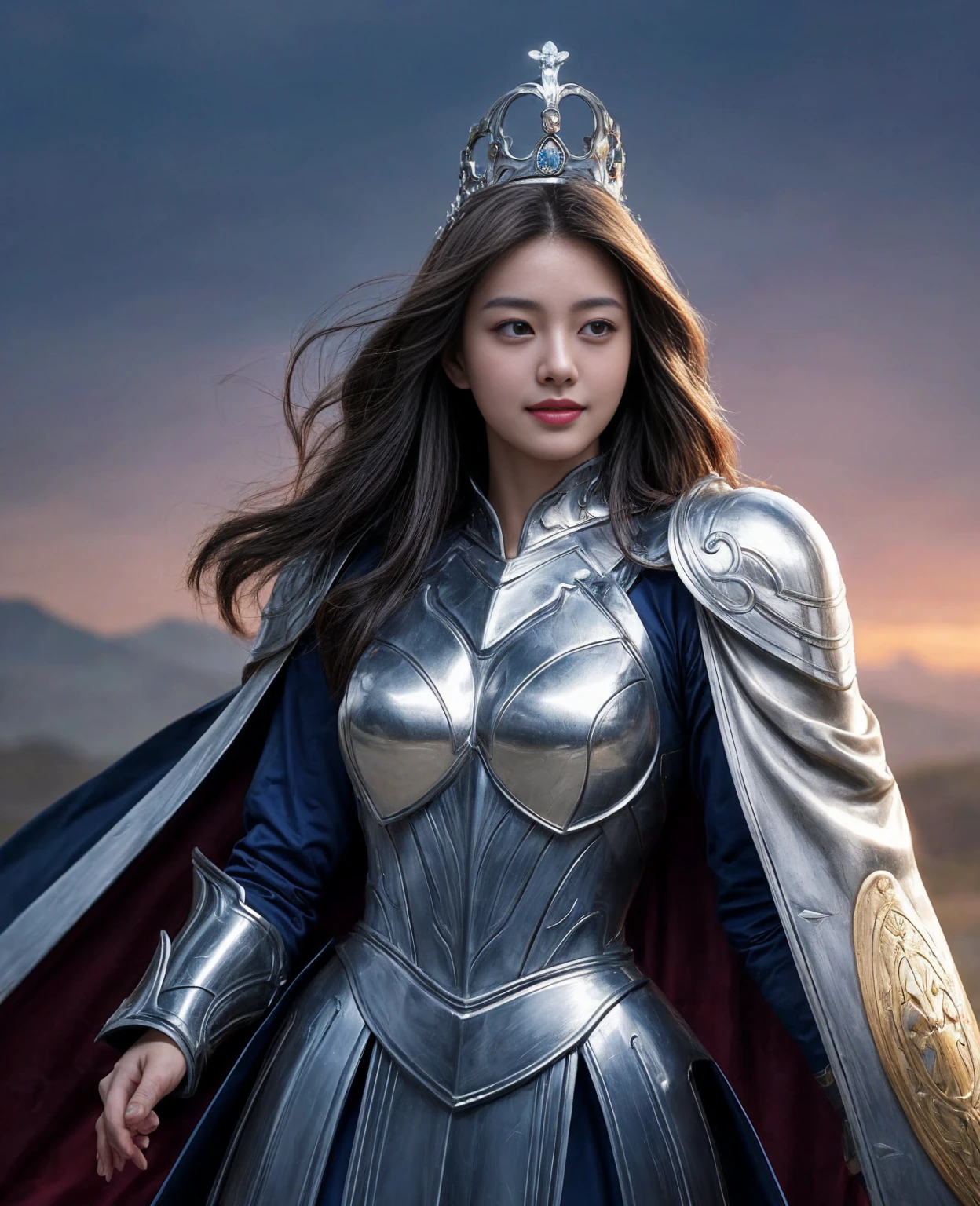 1girl, paladin armor, blue eyes, blurry, at fortress blurry background, blurry foreground, breastplate gold, breasts, grey hair, depth of field, princess crown, Long wavy haircut, looking up, pray pose, tears, motion blur, shoulder armor, solo, pray, full body, (realistic face:1.1)
