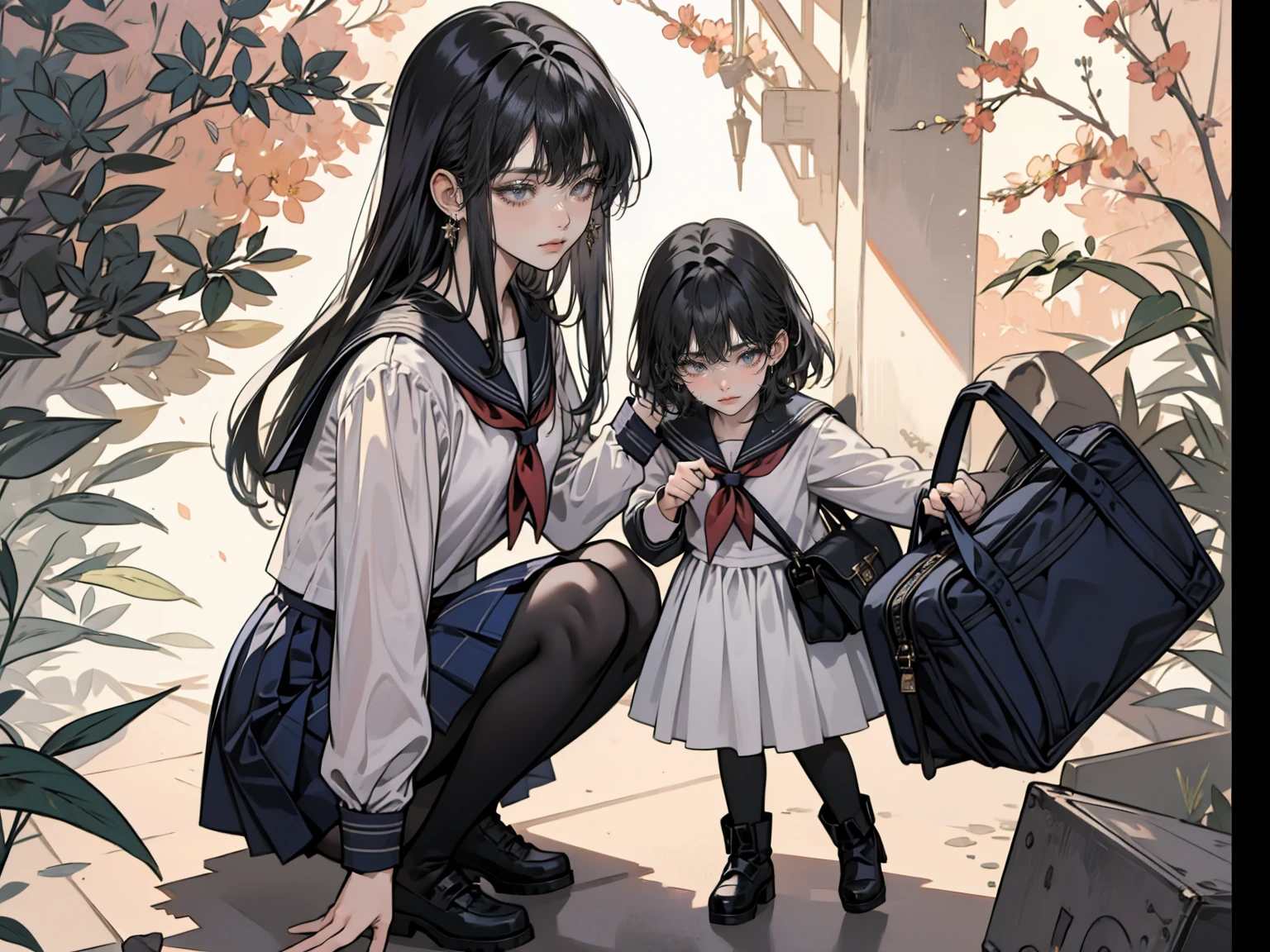 Anime Style、Storytelling、、beautiful girl、とてもcute天使、Red school bag、cute、Baby Face、smile、Long skirt、Black long boots、Very cute headband、Very cute sailor suit

