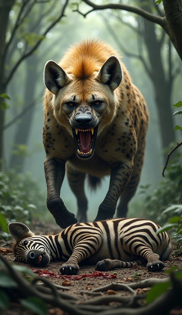 While roaring in a forest, a huge hyena kills another animal, a zebra, and puts it at his feet.
