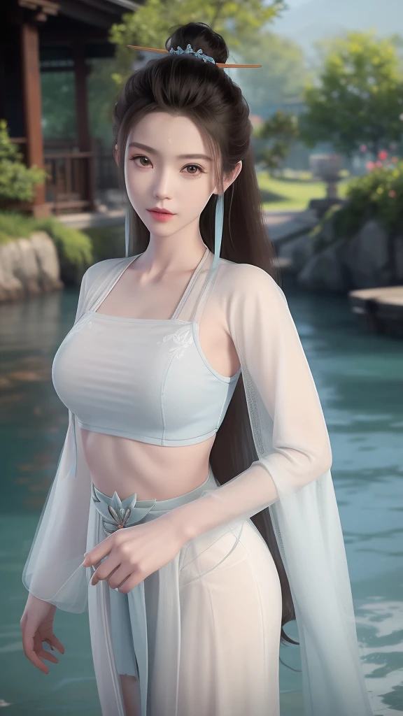 Arapei in a blue and white wet sheer see-through provocative dress stood in the water, Anime girl walking in water, closeup fantasy with water magic, azur lane style, trending on cgstation, Anime girl cosplay, seraphine ahri kda, Splash art anime , trending at cgstation, realistic water, water fairy, WLOP and Sakimichan