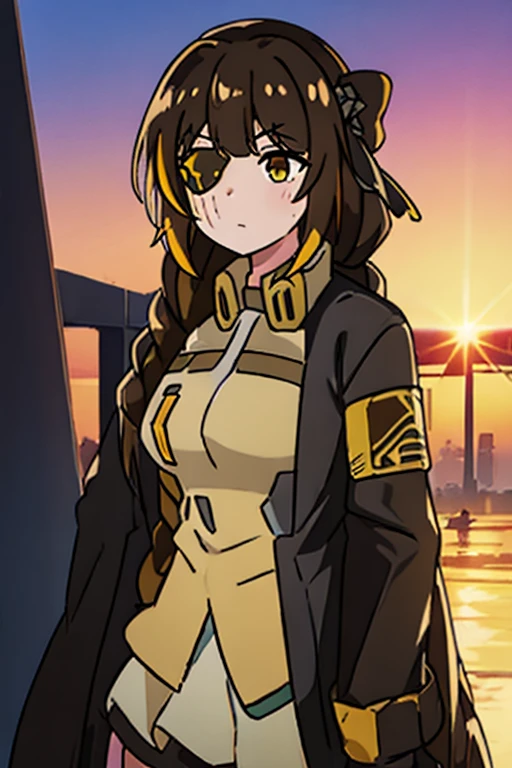 ((Highest quality)), ((masterpiece)), (detailed), One girl, Medium breast, Brown Hair, one yellow strand of hair, M16 (Girl Frontline), sunset background 