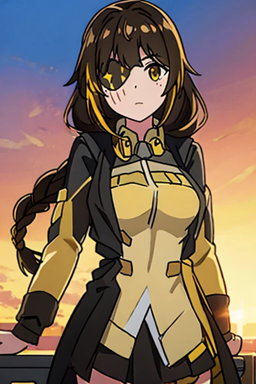 ((Highest quality)), ((masterpiece)), (detailed), One girl, Medium breast, Brown Hair, one yellow strand of hair, M16 (Girl Frontline), sunset background 