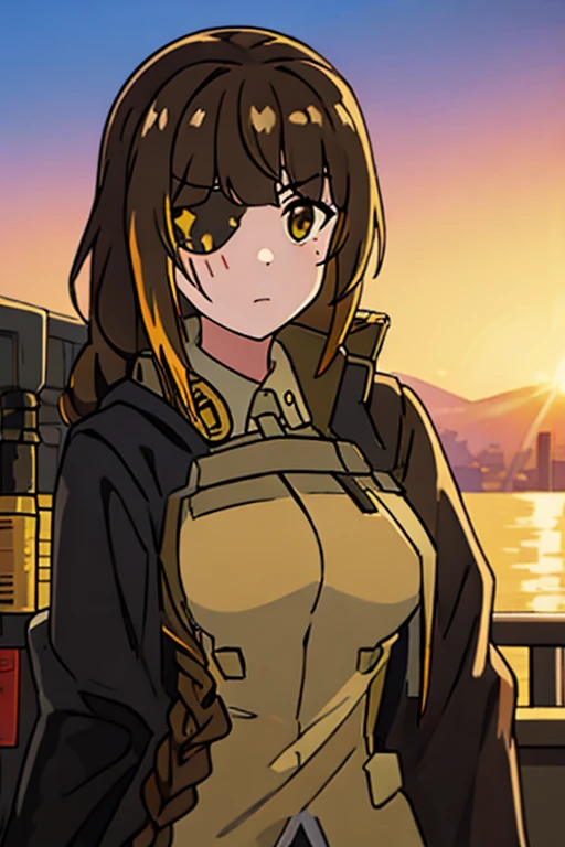 ((Highest quality)), ((masterpiece)), (detailed), One girl, Medium breast, Brown Hair, one yellow strand of hair, M16 (Girl Frontline), sunset background 