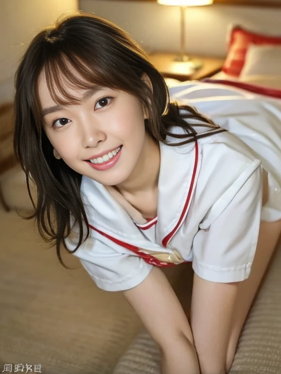(8k、RAW Photos、Highest quality、masterpiece:1.2)、(Realistic、Realistic)、girl、R18、Full body image(Red Bikini、String bikini、Micro Bikini、White tight skirt、Skirt too short、Too much exposure、Underboob、Underboobが見える、Large Breasts、Bare Chest、F Cup、Overflowing Chest、Ofeet、smile、Medium Hair、View from the front、Nurse hat、White Stockings)、Lots of eyelashes、Glowing eyelids、skeletally correct、Full body image、On all fours