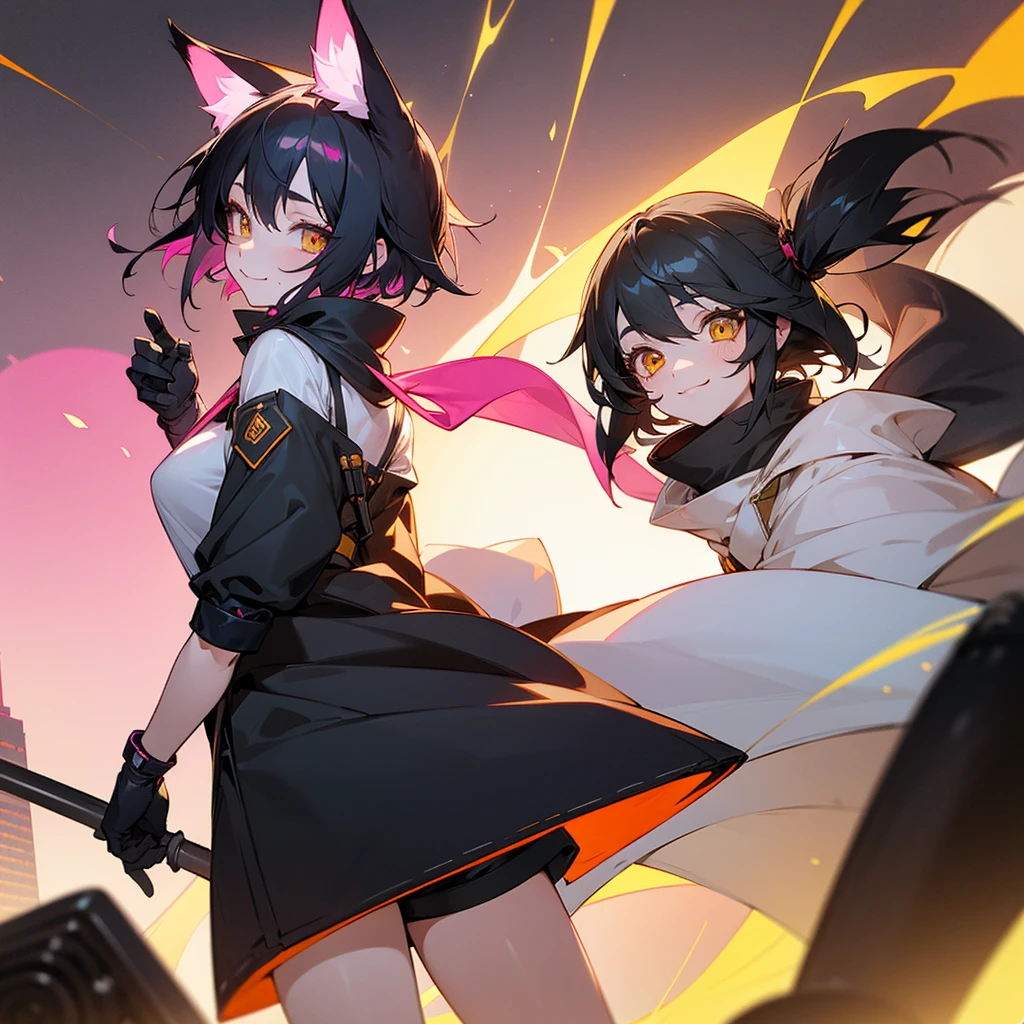 [Anime Pokémon; Gothic; cyberpunk]. A female cat, de pelos pretos, olhos grandes amarelos, has two small horns on its head, humanity with characteristics of a girl, wearing a translucent black sweater.