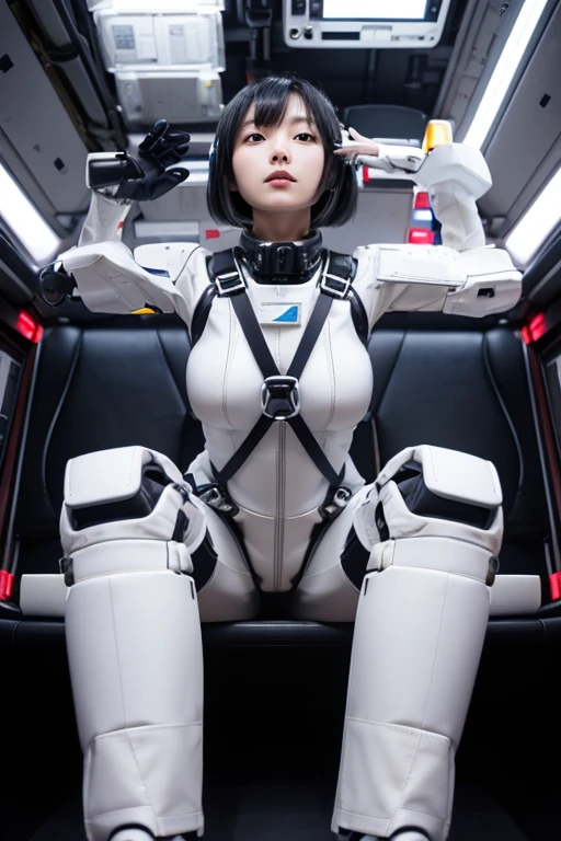 Japanese female android,Black Hair,He is securely fastened to his cockpit seat in a spacecraft by a thick harness.,Plump,Slightly thicker,Spread your legs,Squat,Shiny white robot suit,Robotic arms and legs,Surrounded by switches and monitors,