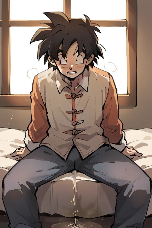 In the morning, Goten in his tighty whities is peeing himself. There's a pee wet spot on his crotch. Piss stain. His pee is dripping down from his pants. He looks ashamed of peeing himself.