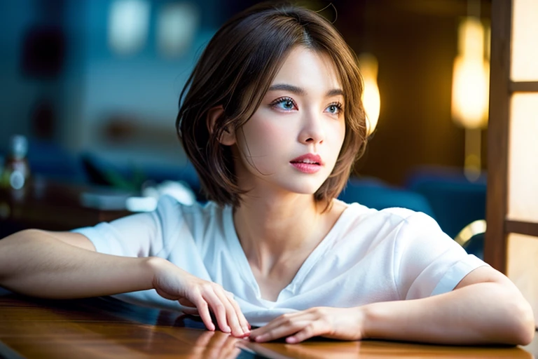(A hyper-realistic), (hight resolution), (8K), (ighly detailed), (beatiful detailed eyes), (top-quality), (ultra-detailliert), (masterpiece), (A detailed face), selfee、faces、softfocus、formal clothes、Open legs、face of emma watson、bob cuts、hair adornments、pose sensual、Colossal tits、japanes、Train、On the train、Sitting on a bench、耳Nipple Ring、Looking out the window、