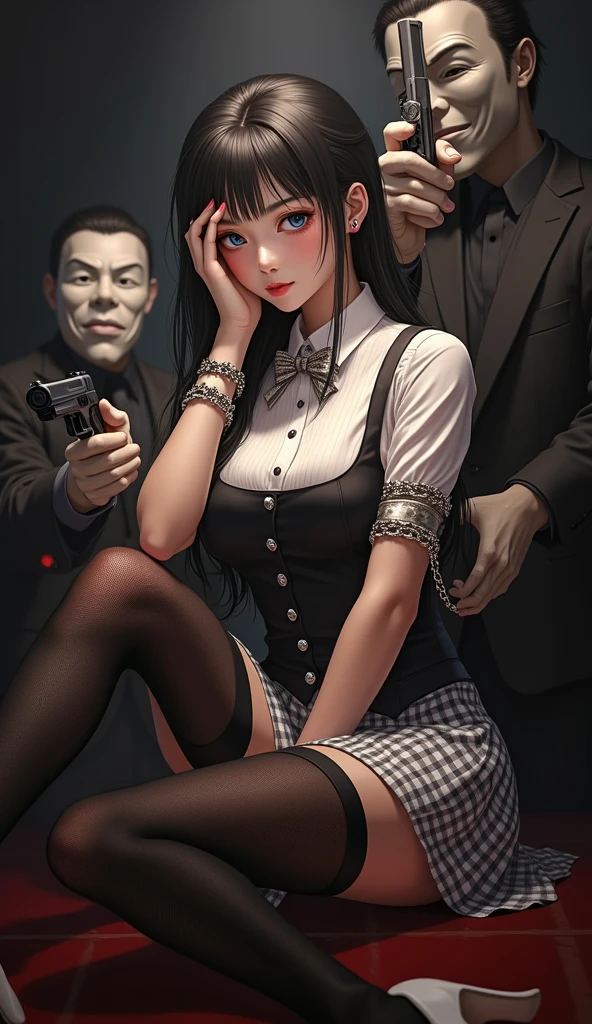 sekijou sawako, shibari, anime picture, brown eyes, brown hair, long hair, black eye glasses, arms up, stripped, best quality, ultra-detailed, high resolution, extremely detailed cg, unity 8k wallpaper, masterpiece, perfect body, blood stained around body, blood stained in face, femsub, BDSM, light blue panty, black bra, small breasts, at night, hanging in the ceiling, dark room, teary-eyed, duct tape gagged, over the mouth gag, Sekijou Sawako, abandoned room, tied up wrist together hanging to ceiling, bound ankle together, standing nearby wall, bracing, a kidnapper, beside her, in black, black mask, scaring her