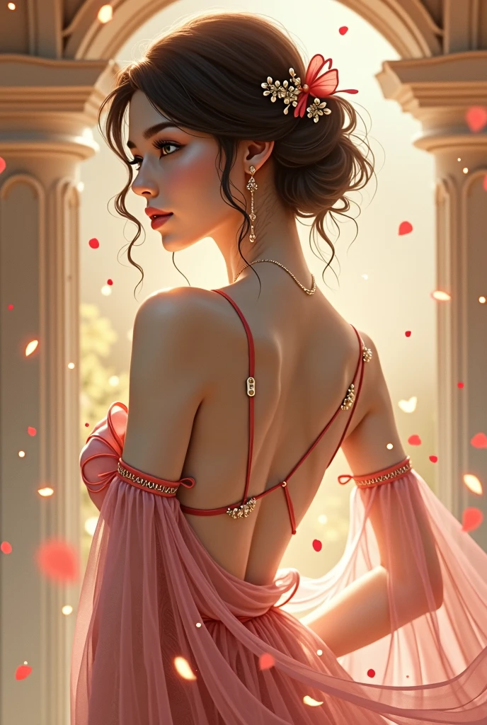 (((work of art, best qualityer: 1.2),13 year old girl , europeu , beautiful and symmetrical face, with bright red eyes, phoenix, lotus flowers, red rose gold, gold mini underwear, Mountain sunrise to the bottom, Ancient porcelain buildings)), small breasts nsfw
