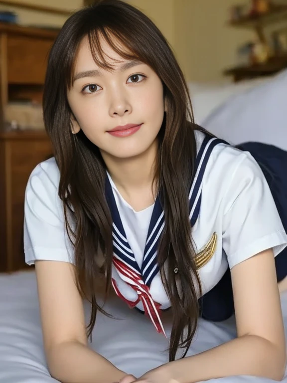 (Masterpiece, Best quality:1.4), (Ultra realistic, Photo-realistic:1.2), Full body, (Woman lying down on bed:1.2), (overhead shot:1.2), Natural light, 2 actress, Japanese women, Neat and clean, (Sailor suit, School, Dark navy sailor collar, White short sleeve suit, Dark navy pleated skirt, Dark navy ribbon), White socks, (Short Ponytail:1.3), Short wavy hair, Light brown hair color, (Beautiful Faces), Oval face, clear, (Beautiful eyes, Kind eyes), Clear skin, Small face, Small mouth, Beautiful mouth, Natural makeup, Approachable, On the beach, Seductive, (Beautiful thighs), Bedroom eyes, Open leg, nsfw, Lesbian couple, Petting together, Obscene reality of girls, Erotic pose, Erotic smile, 