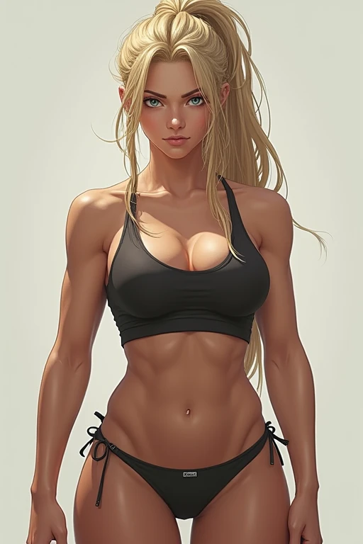 a small chested girl with muscular body,faint six pack,wide hips,thick thighs,blonde hair,green eyes,plain background,Gothic makeup,black hoodie,gym shorts,lip piercings,ear piercings,belly button piercing,nipple piercings,smiling,heavy blush,pigtails