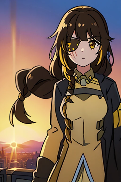 ((Highest quality)), ((masterpiece)), (detailed), One girl, Medium breast, Brown Hair, one yellow strand of hair, M16 (Girl Frontline), sunset background 