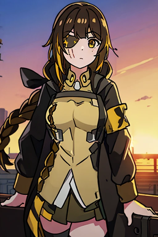 ((Highest quality)), ((masterpiece)), (detailed), One girl, Medium breast, Brown Hair, one yellow strand of hair, M16 (Girl Frontline), sunset background 