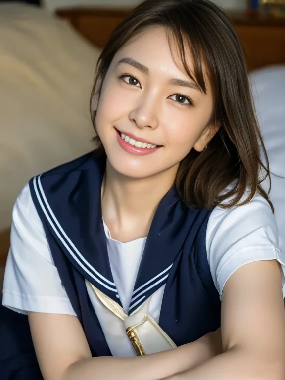 (Masterpiece, Best quality:1.4), (Ultra realistic, Photo-realistic:1.2), Full body, (Woman lying down on bed:1.2), (overhead shot:1.2), Natural light, 2 actress, Japanese women, Neat and clean, (Sailor suit, School, Dark navy sailor collar, White short sleeve suit, Dark navy pleated skirt, Dark navy ribbon), White socks, (Short Ponytail:1.3), Short wavy hair, Light brown hair color, (Beautiful Faces), Oval face, clear, (Beautiful eyes, Kind eyes), Clear skin, Small face, Small mouth, Beautiful mouth, Natural makeup, Approachable, On the beach, Seductive, (Beautiful thighs), Bedroom eyes, Open leg, nsfw, Lesbian couple, Petting together, Obscene reality of girls, Erotic pose, Erotic smile, 