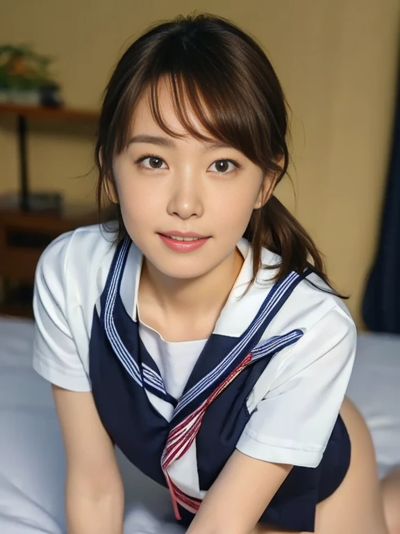 (Masterpiece, Best quality:1.4), (Ultra realistic, Photo-realistic:1.2), Full body, (Woman lying down on bed:1.2), (overhead shot:1.2), Natural light, 2 actress, Japanese women, Neat and clean, (Sailor suit, School, Dark navy sailor collar, White short sleeve suit, Dark navy pleated skirt, Dark navy ribbon), White socks, (Short Ponytail:1.3), Short wavy hair, Light brown hair color, (Beautiful Faces), Oval face, clear, (Beautiful eyes, Kind eyes), Clear skin, Small face, Small mouth, Beautiful mouth, Natural makeup, Approachable, On the beach, Seductive, (Beautiful thighs), Bedroom eyes, Open leg, nsfw, Lesbian couple, Petting together, Obscene reality of girls, Erotic pose, Erotic smile, 